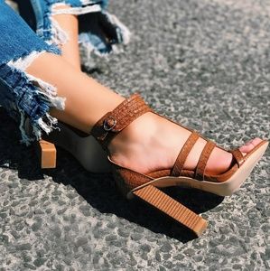 Brown Snake T-Bar Strappy Block Heel Sandals